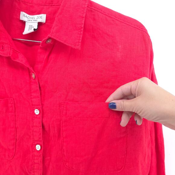 Rachel Zoe Women Red 100% Linen Relaxed Fit Long Sleeve Shell Button Down M - Picture 4 of 12